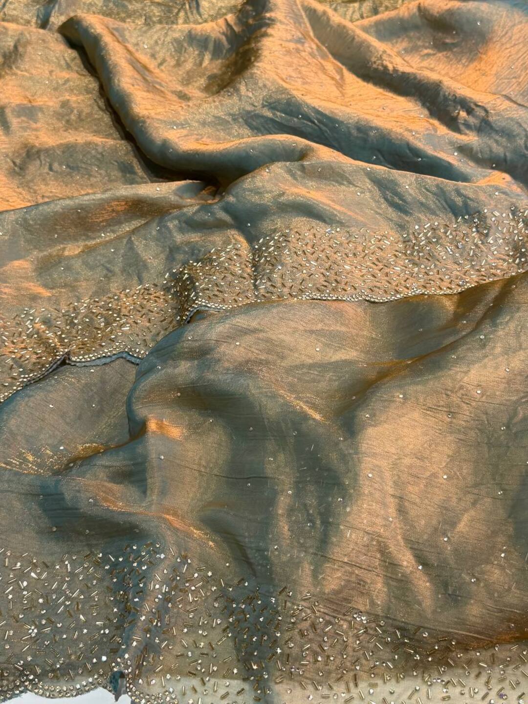 Golden Dusty Blue Georgette Silk Saree