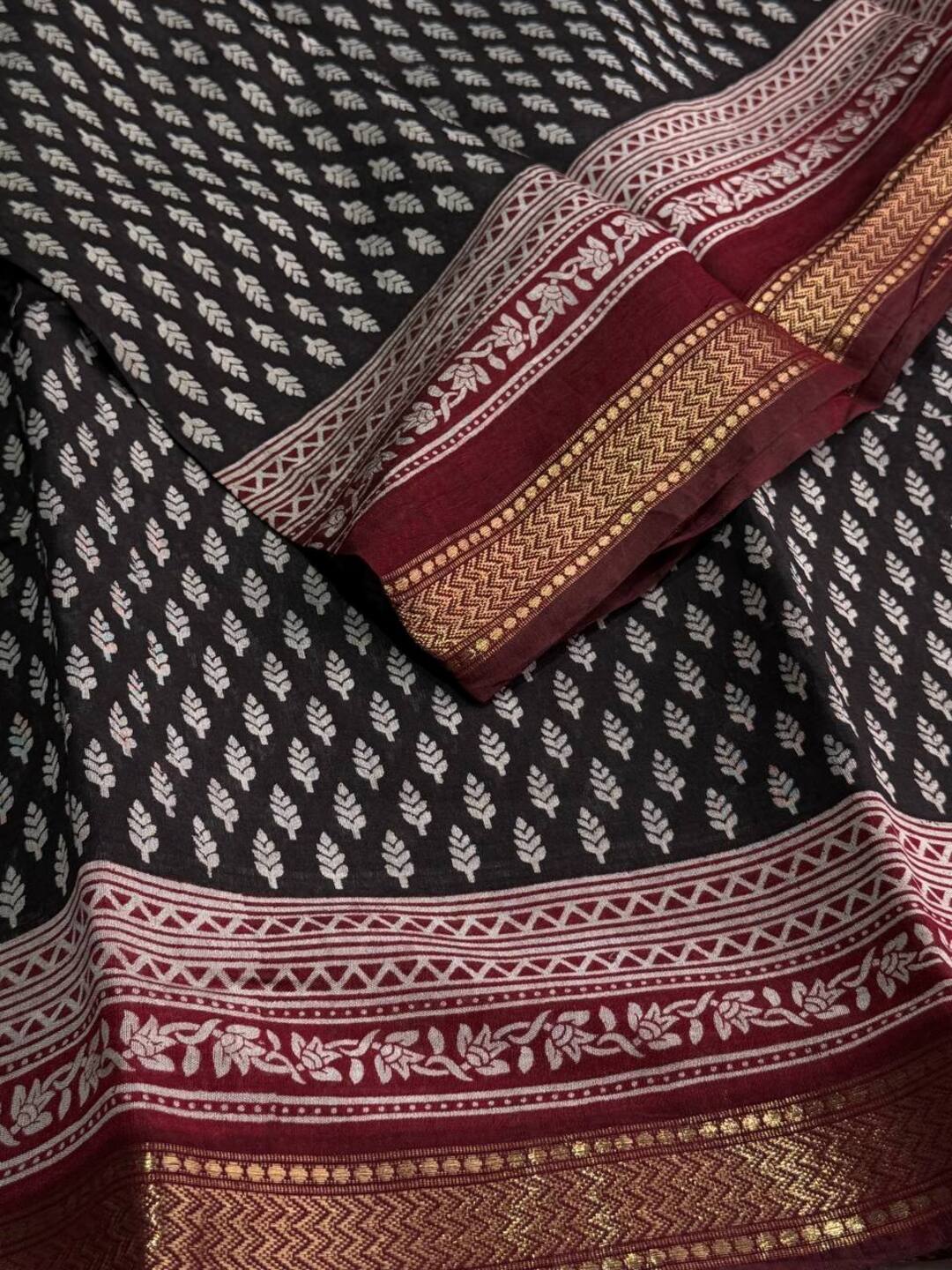 Black Printed Soft Cotton Saree