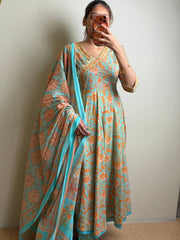 Sky Blue Floral 3pc Anarkali Suit