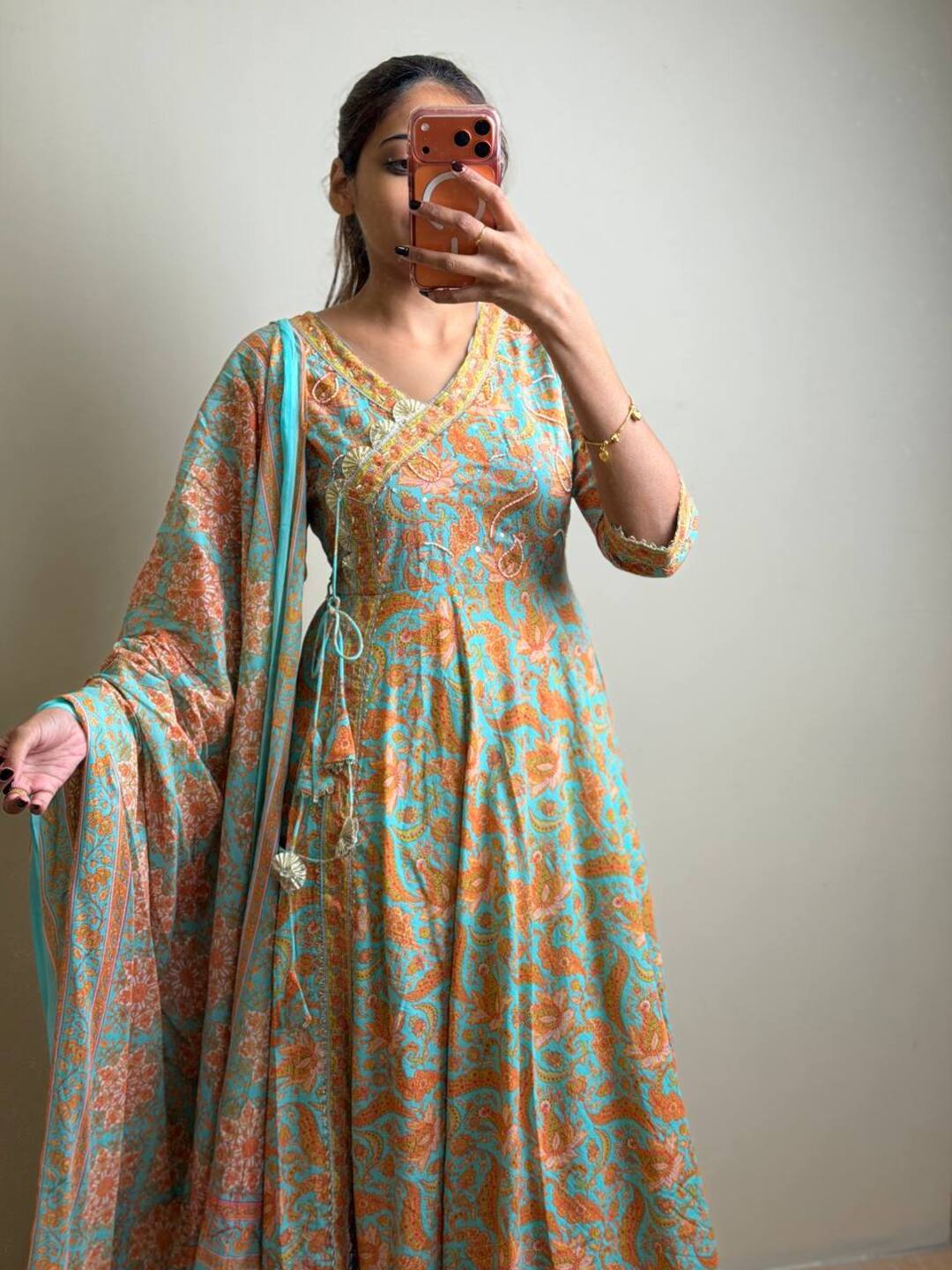 Sky Blue Floral 3pc Anarkali Suit
