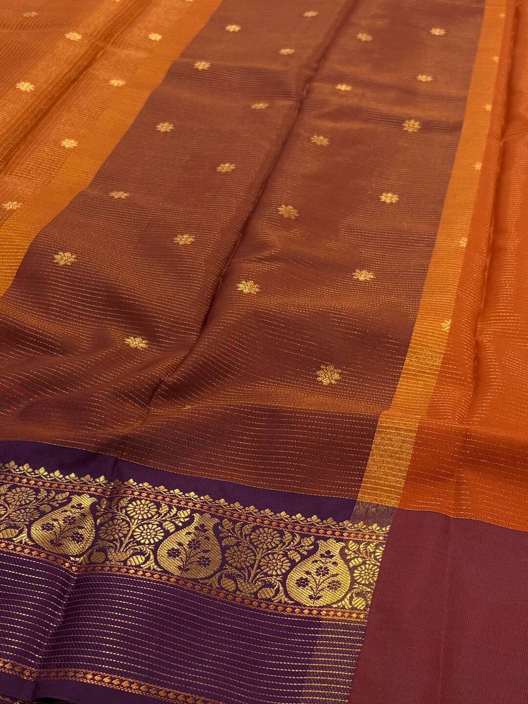 Mustard Orange Checked Tissue Cotton Silk Saree