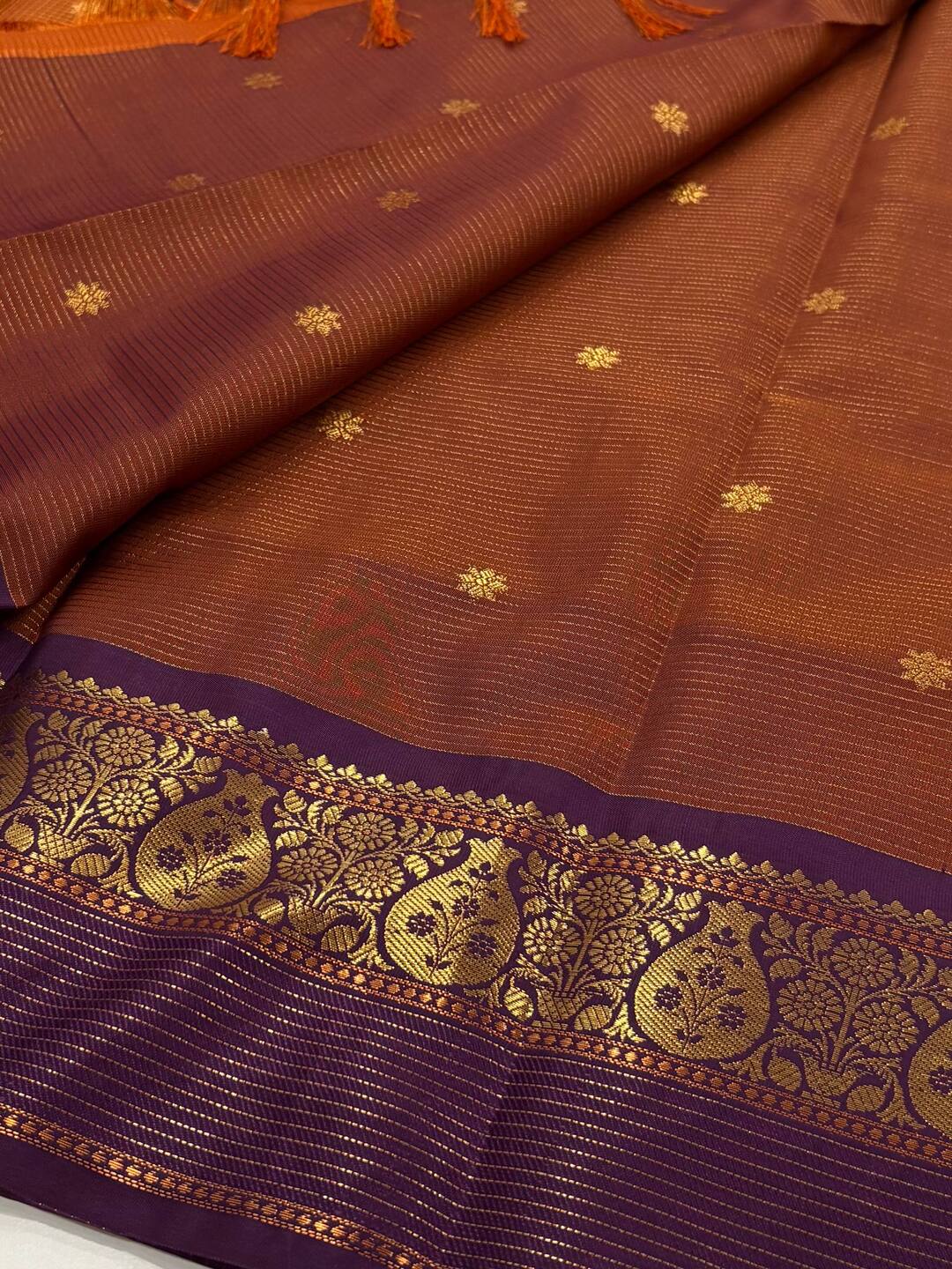 Mustard Orange Checked Tissue Cotton Silk Saree