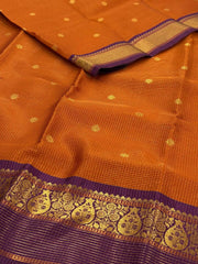 Mustard Orange Checked Tissue Cotton Silk Saree