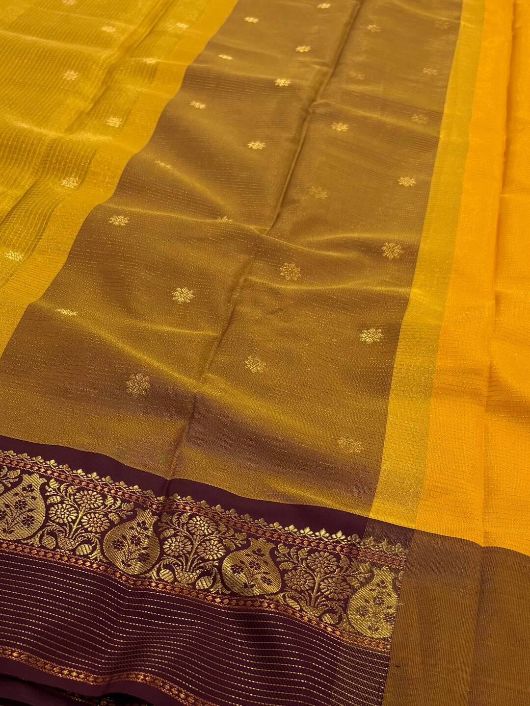 Olive Yellow Checked Tissue Cotton Silk Saree
