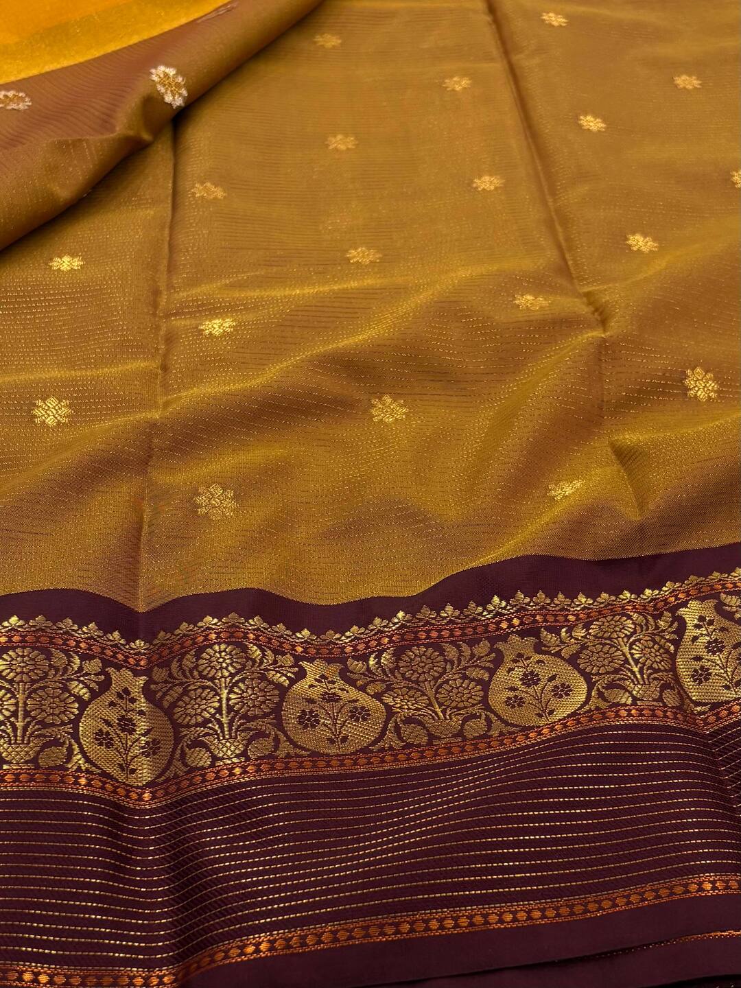 Olive Yellow Checked Tissue Cotton Silk Saree