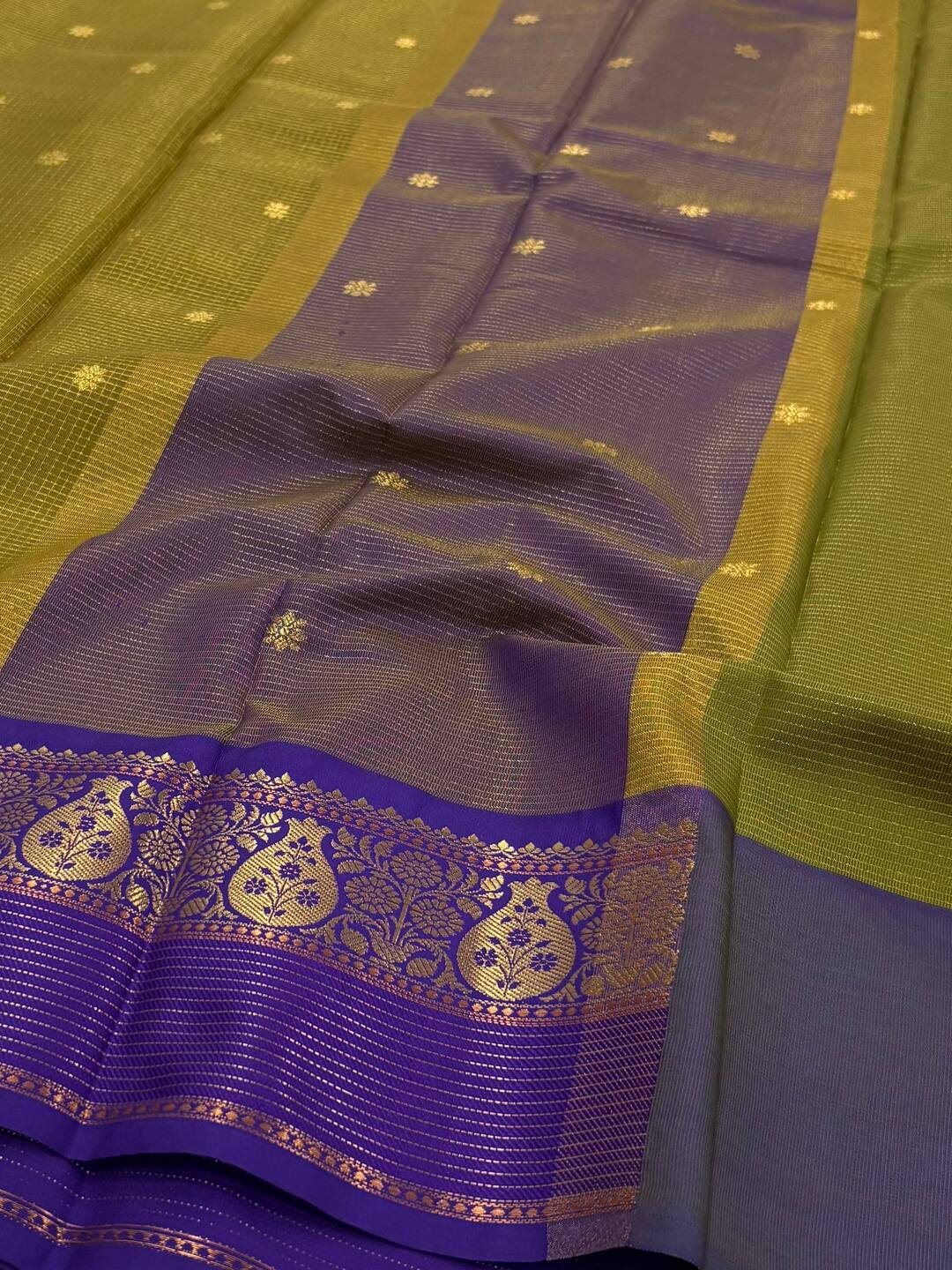 Olive Green Checked Tissue Cotton Silk Saree
