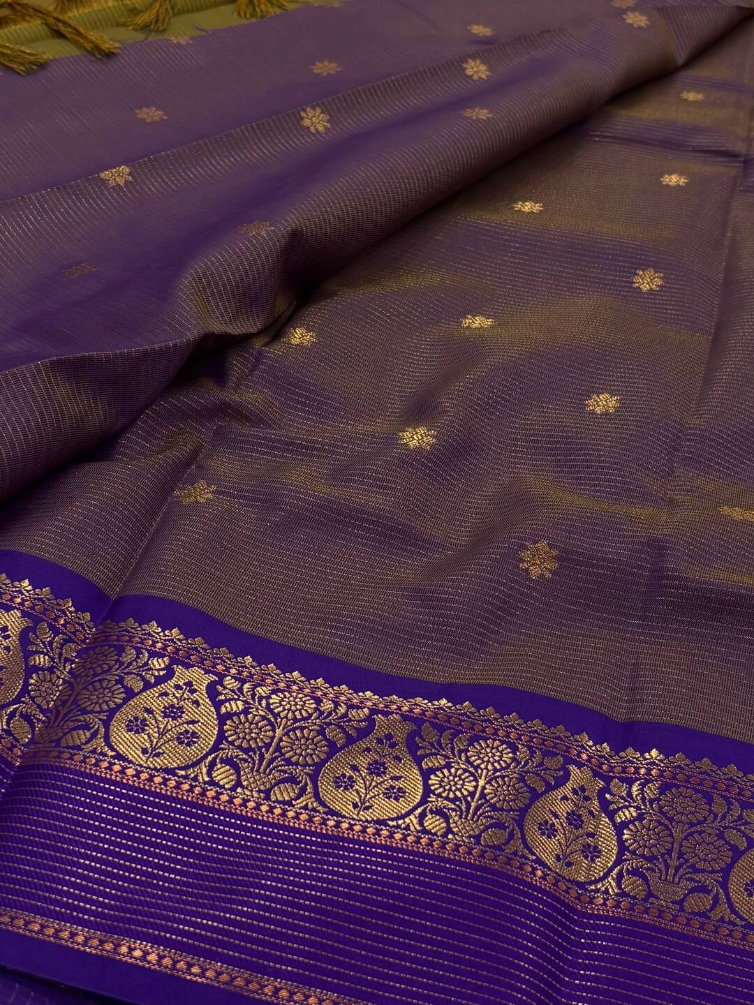 Olive Green Checked Tissue Cotton Silk Saree
