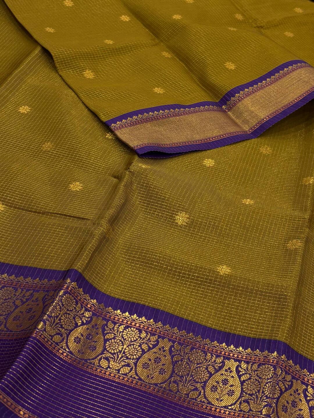 Olive Green Checked Tissue Cotton Silk Saree