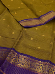 Olive Green Checked Tissue Cotton Silk Saree