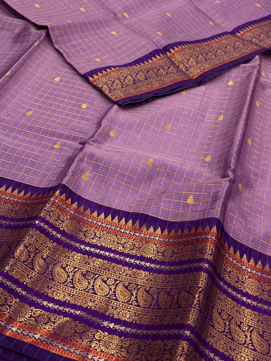 Lavender Purple Checked Tissue Cotton Silk Saree