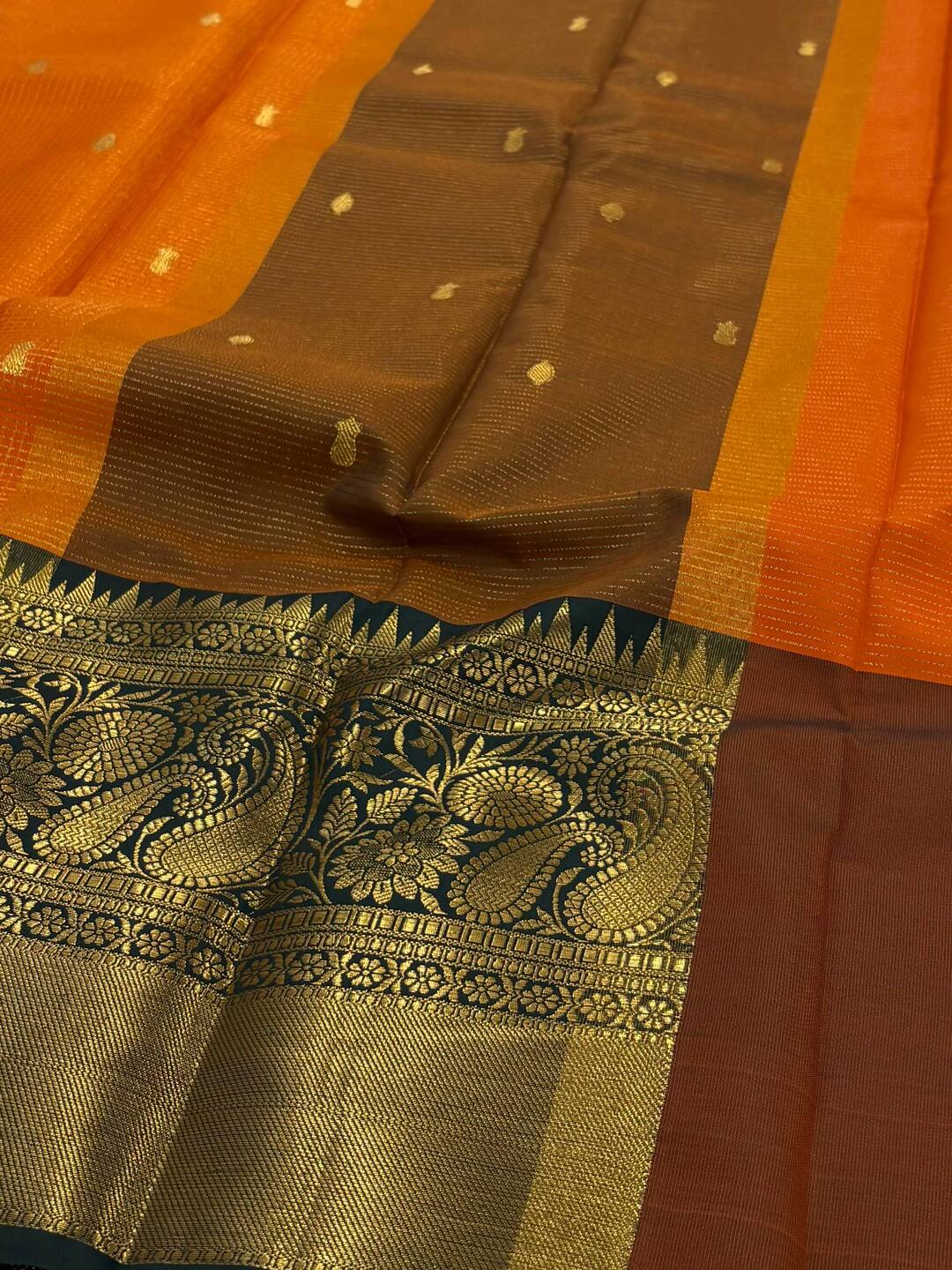 Orange Checked Tissue Cotton Silk Saree
