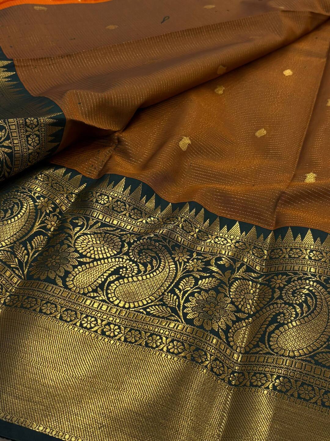 Orange Checked Tissue Cotton Silk Saree