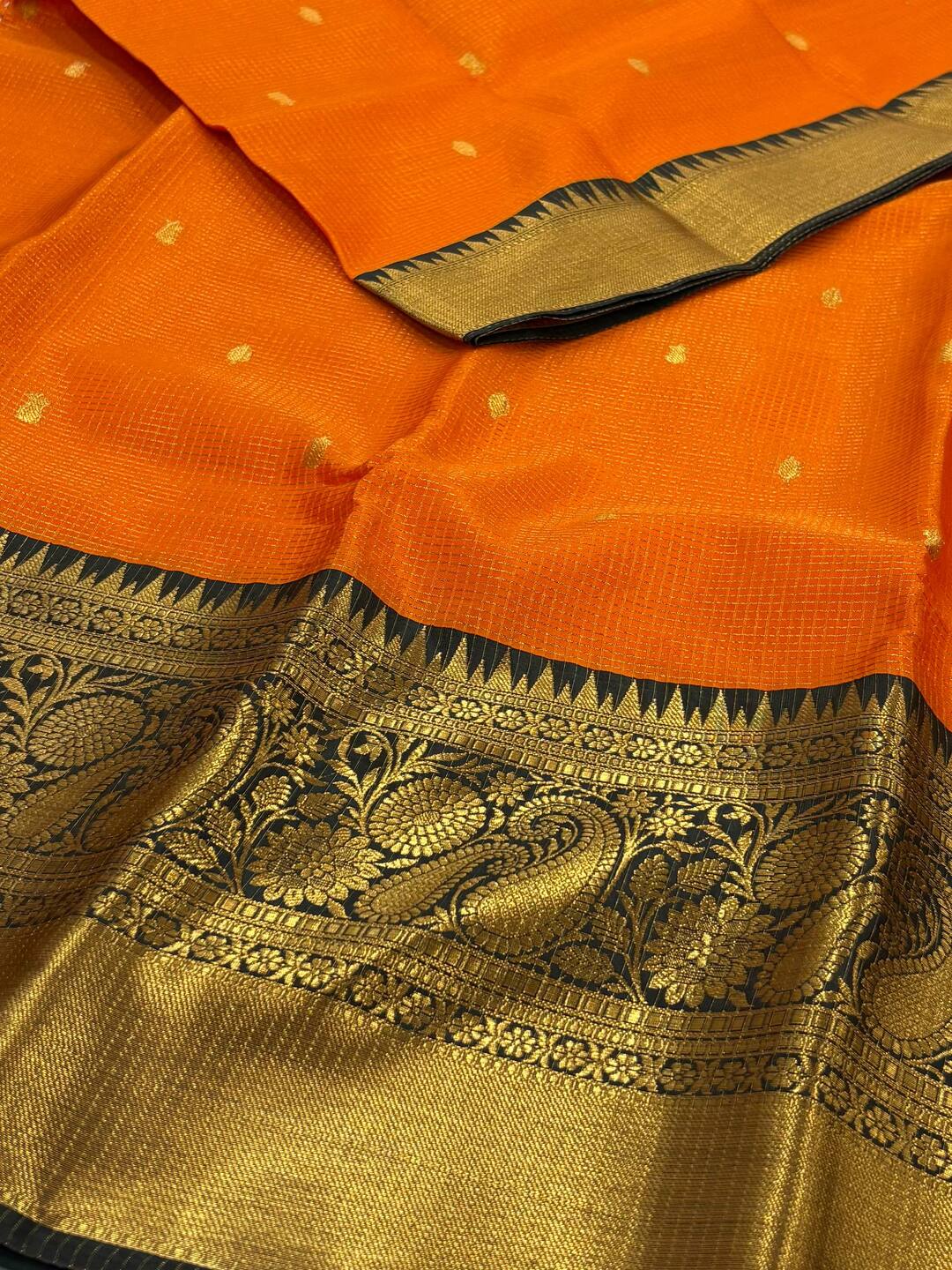 Orange Checked Tissue Cotton Silk Saree