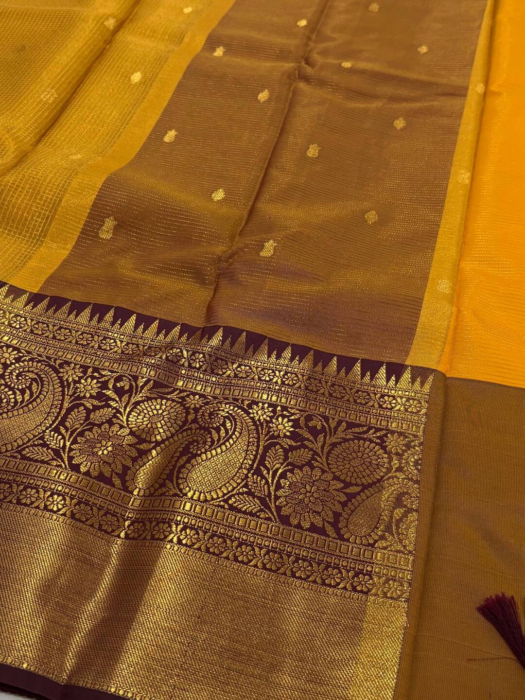 Mustard Yellow Checked Tissue Cotton Silk Saree