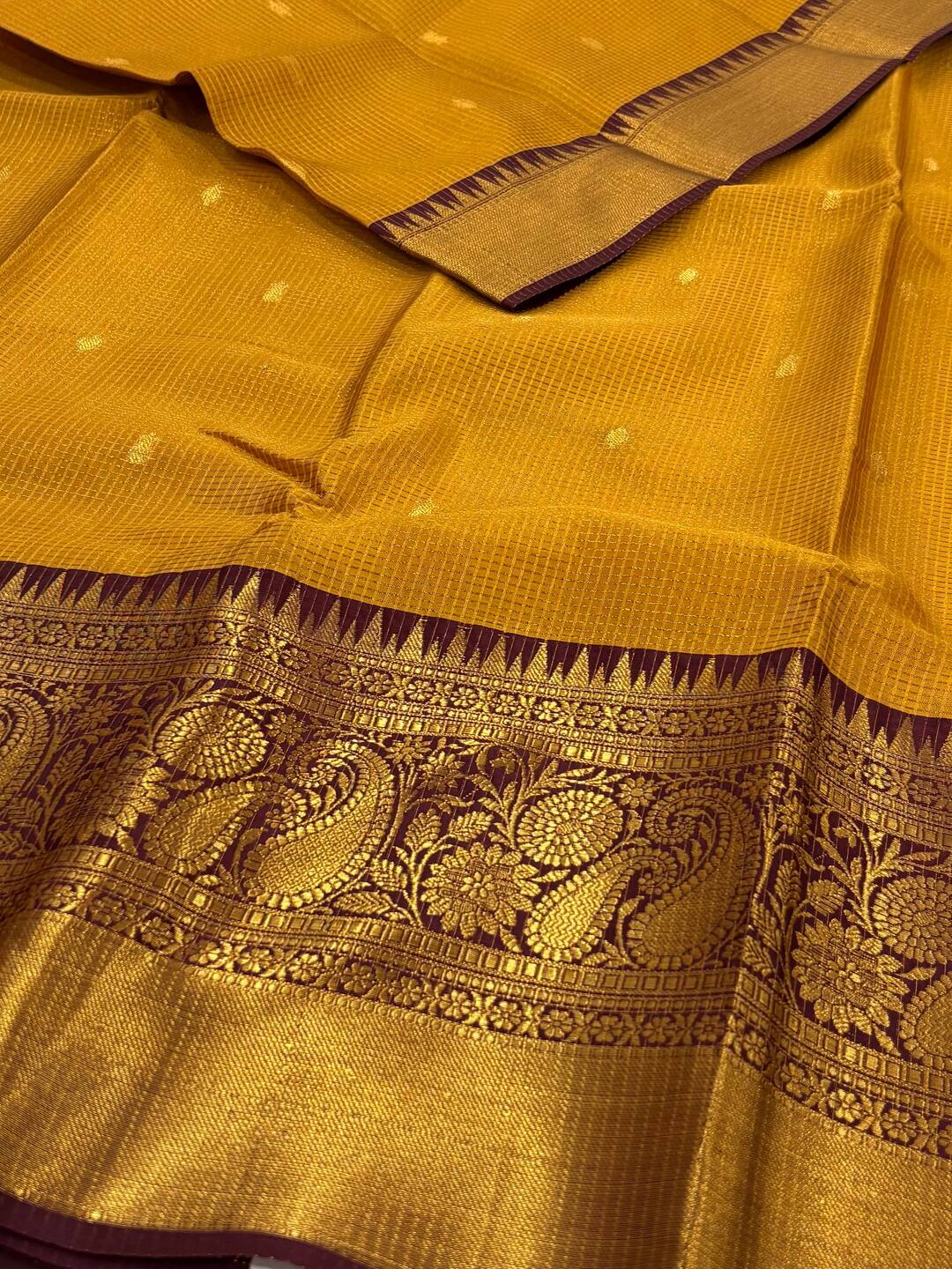 Mustard Yellow Checked Tissue Cotton Silk Saree