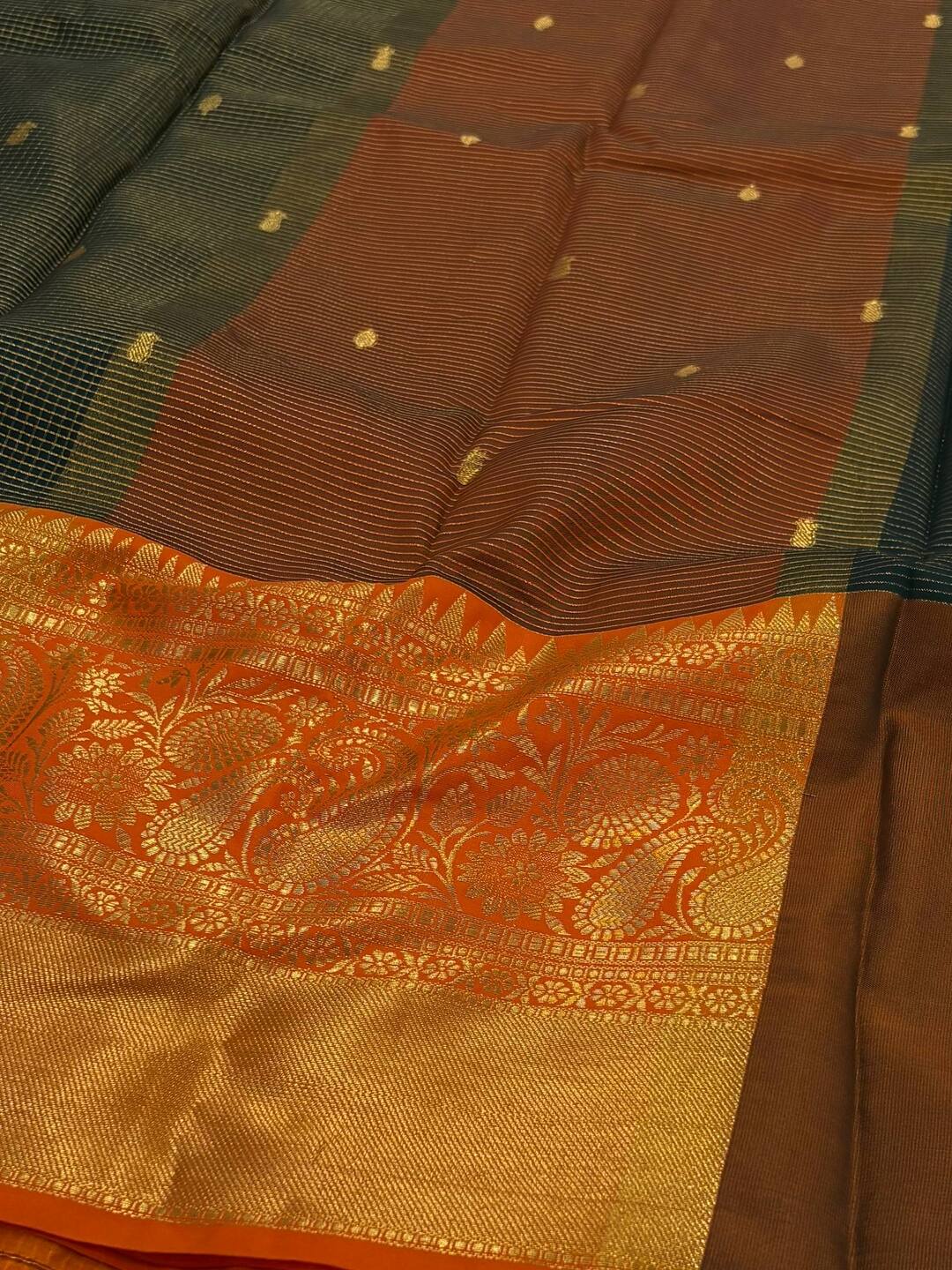 Emerald Green Checked Tissue Cotton Silk Saree
