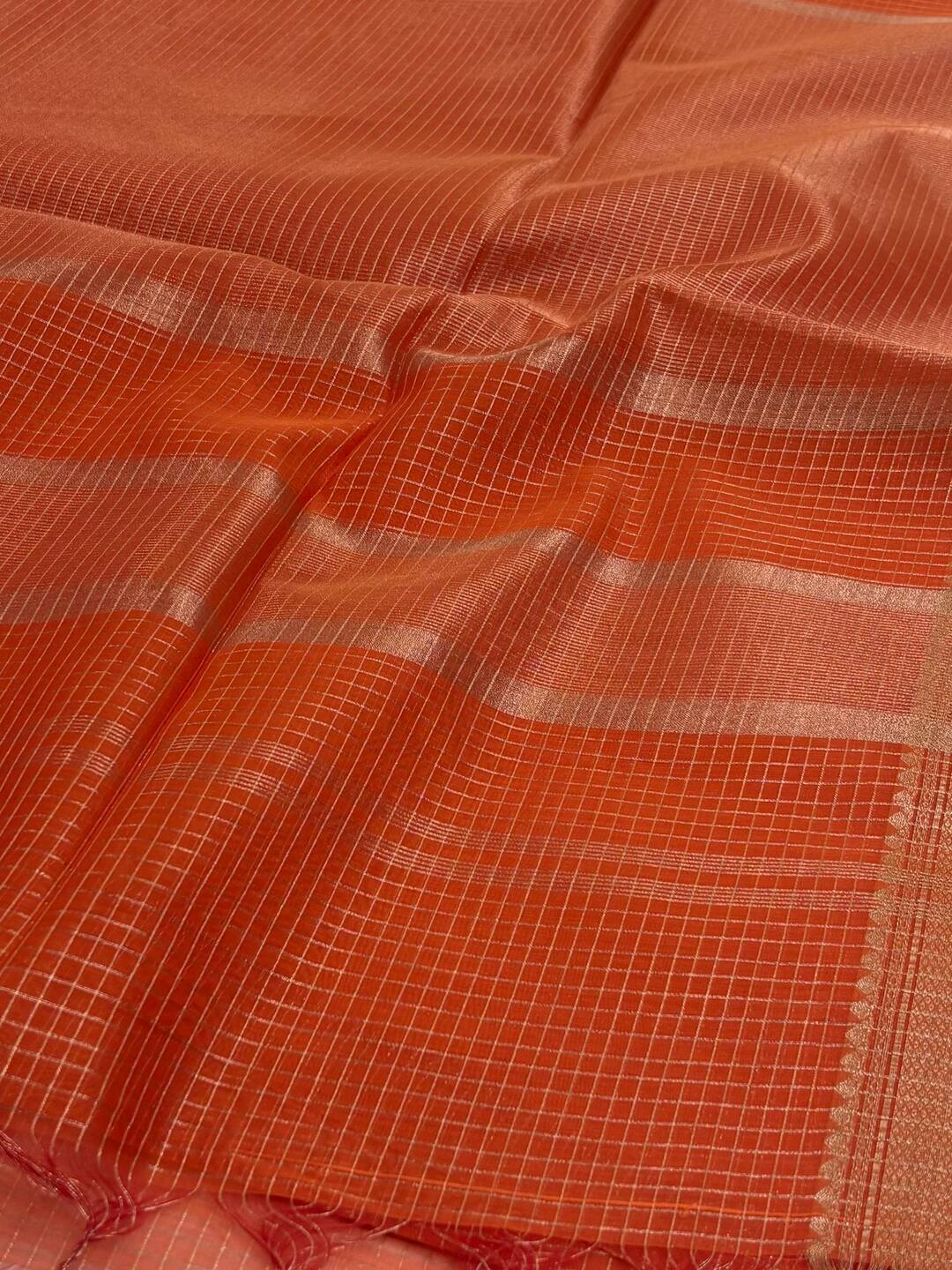 Bright Orange Checked Tissue Cotton Saree