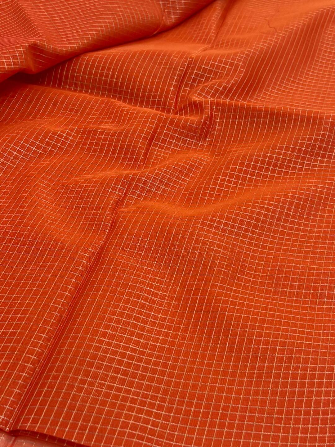 Bright Orange Checked Tissue Cotton Saree