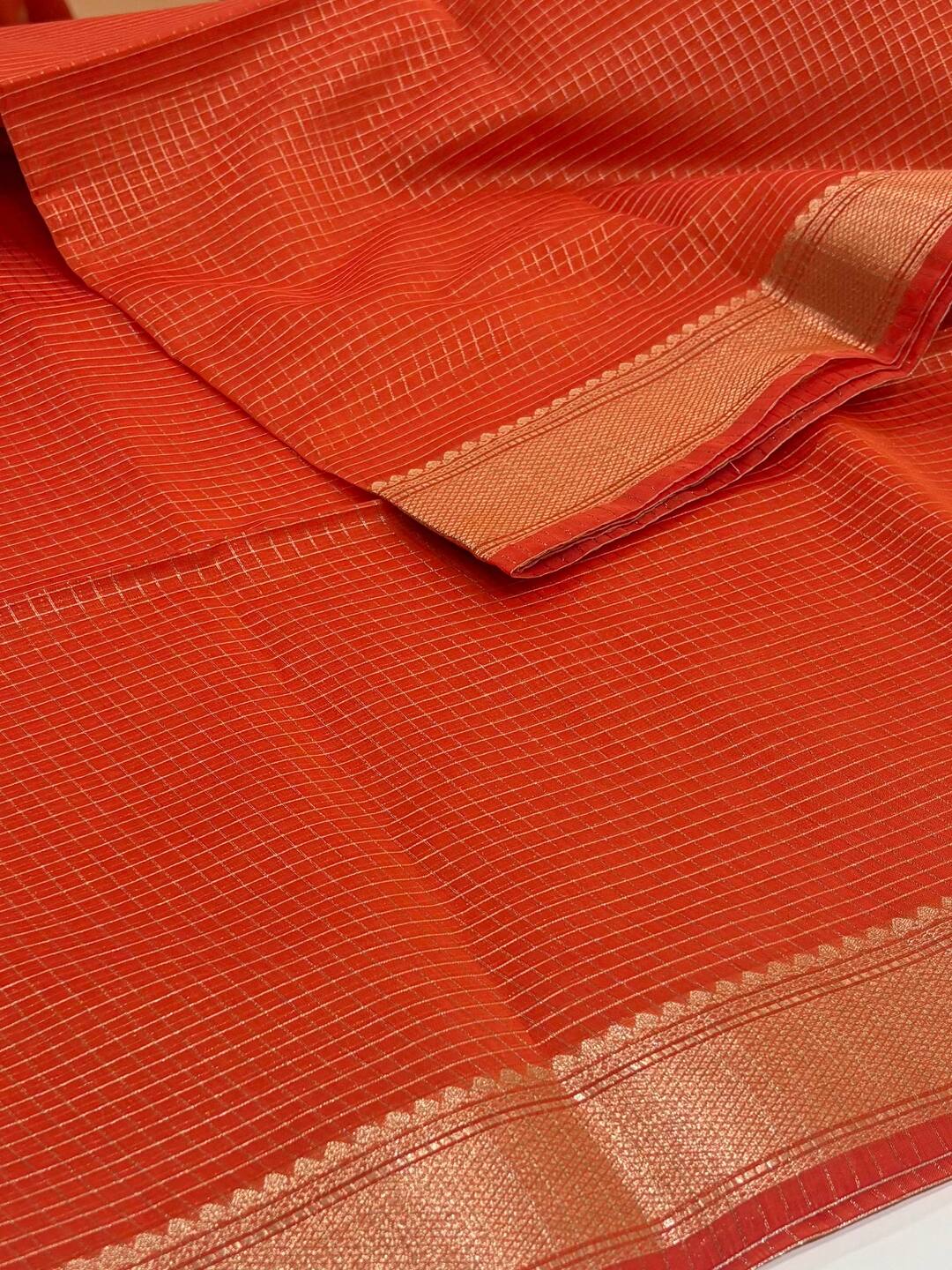 Bright Orange Checked Tissue Cotton Saree