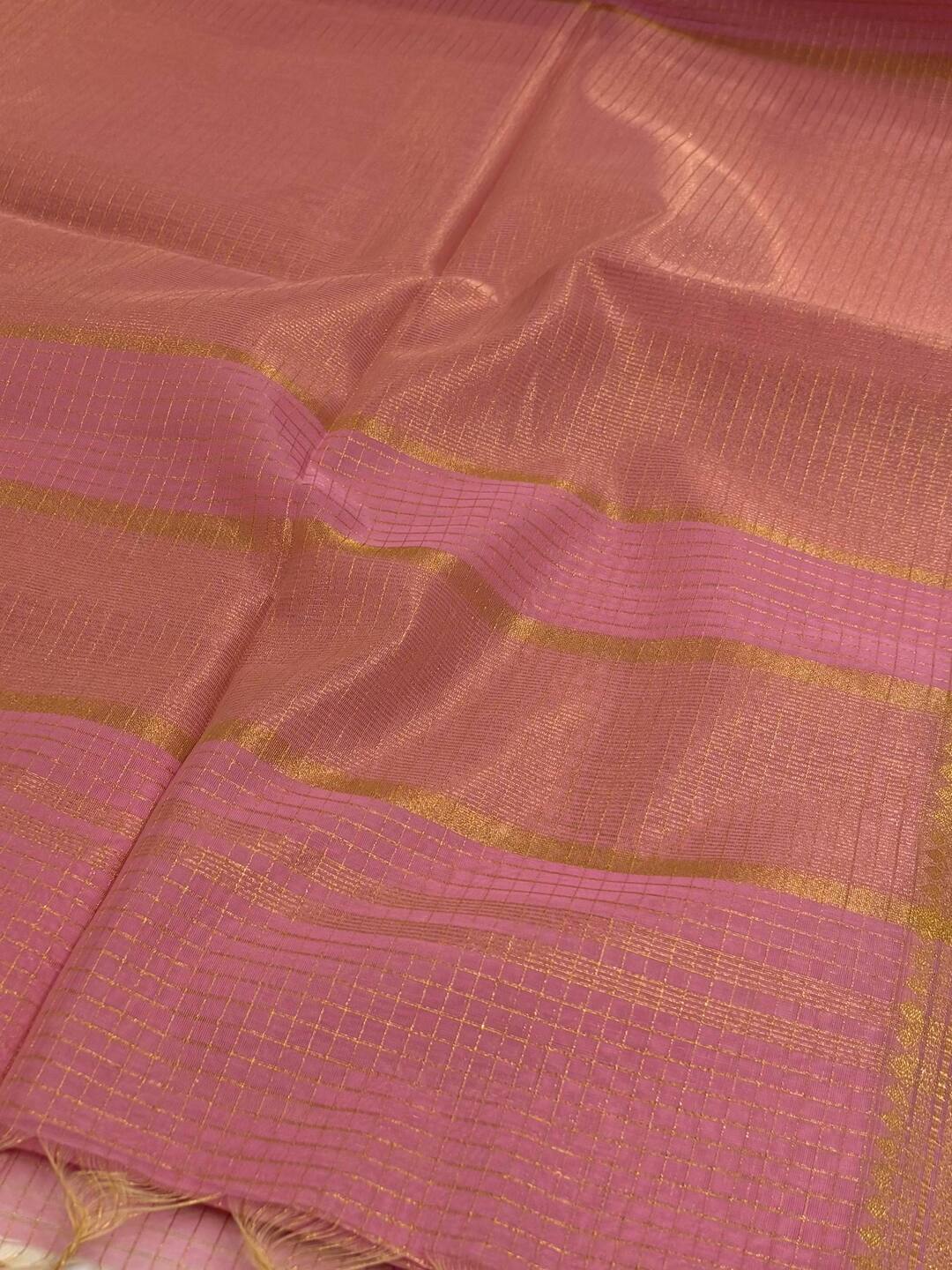 Baby Pink Checked Tissue Cotton Saree