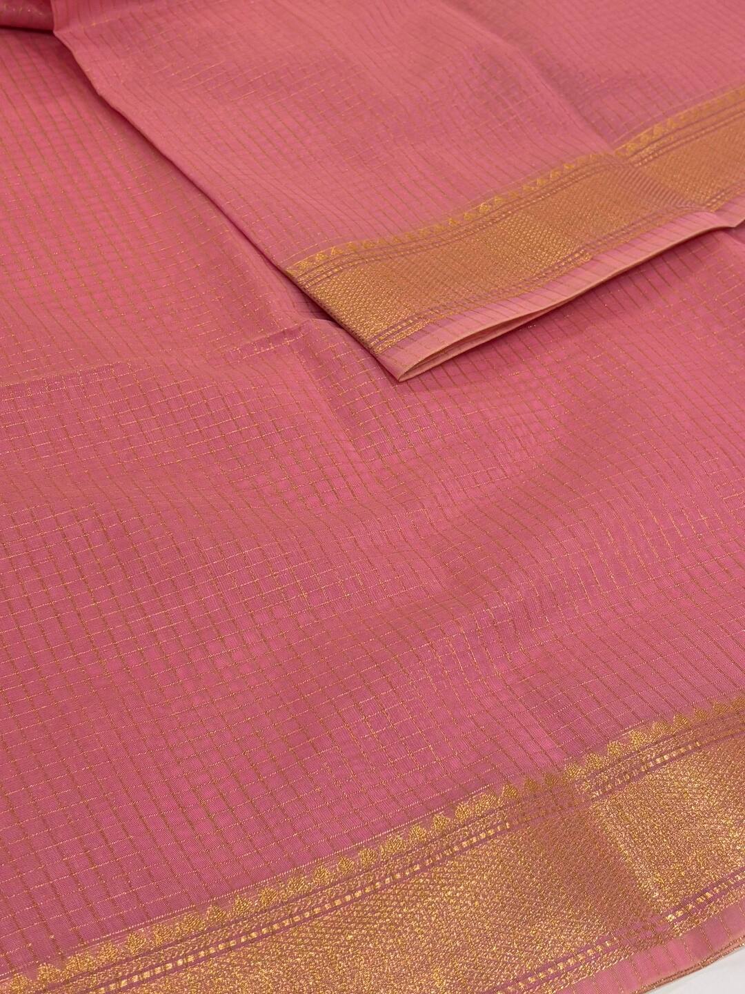 Baby Pink Checked Tissue Cotton Saree