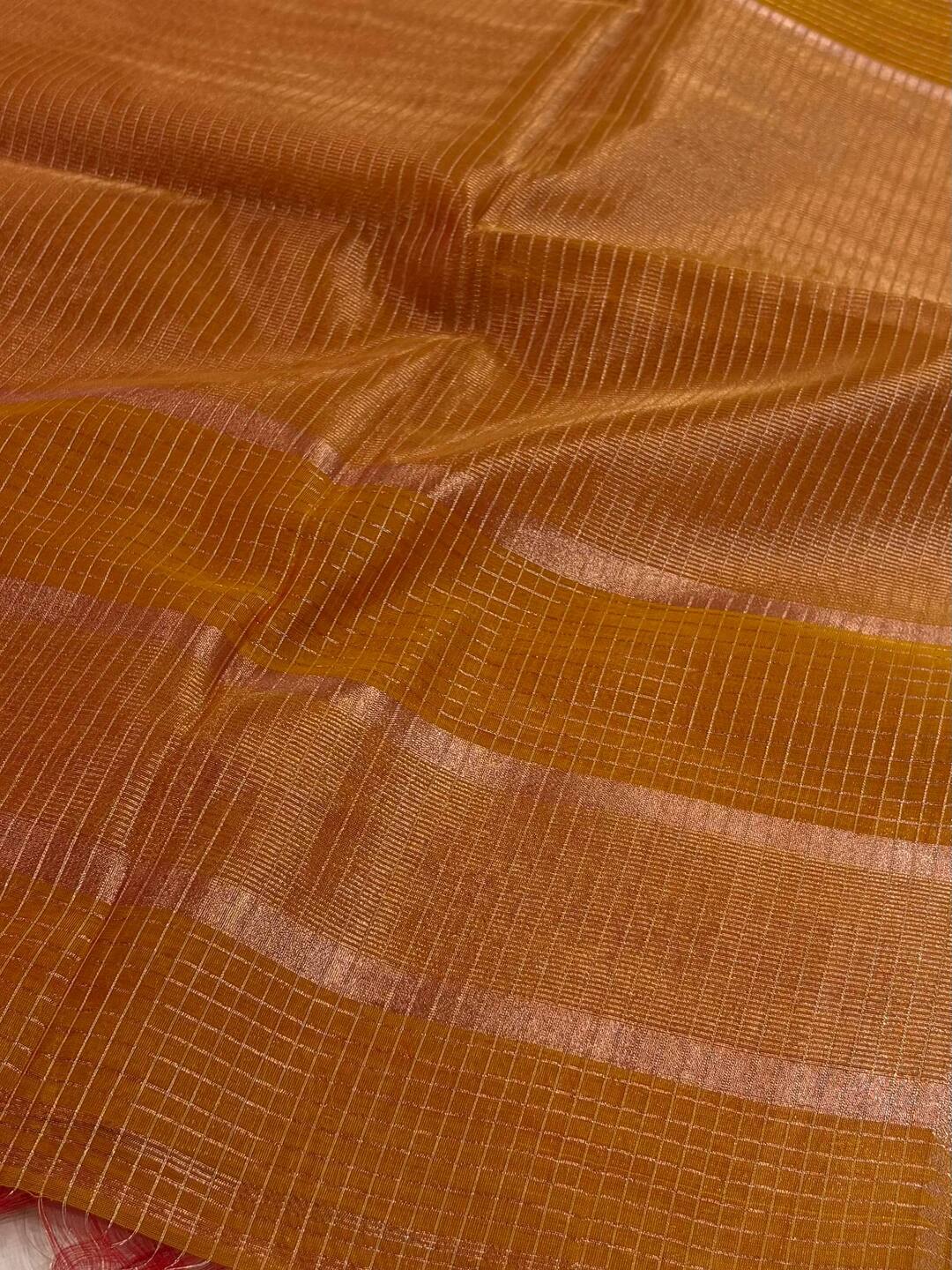 Dual Shade Orange Checked Tissue Cotton Saree