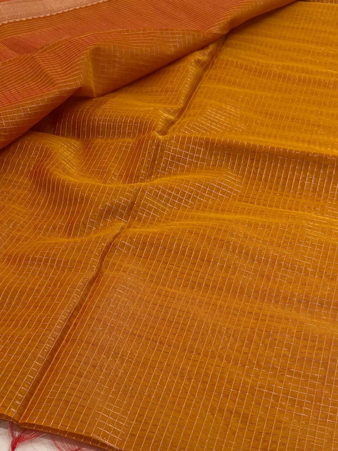 Dual Shade Orange Checked Tissue Cotton Saree