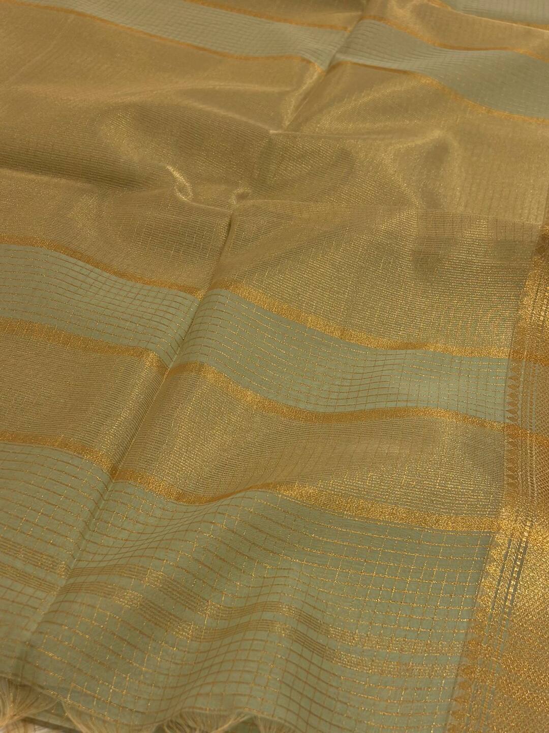 Pastel Green Checked Tissue Cotton Saree