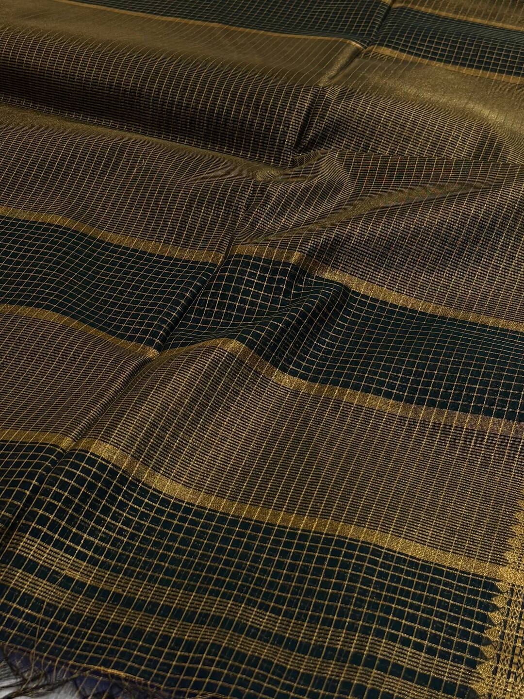 Emerald Green Checked Tissue Cotton Saree