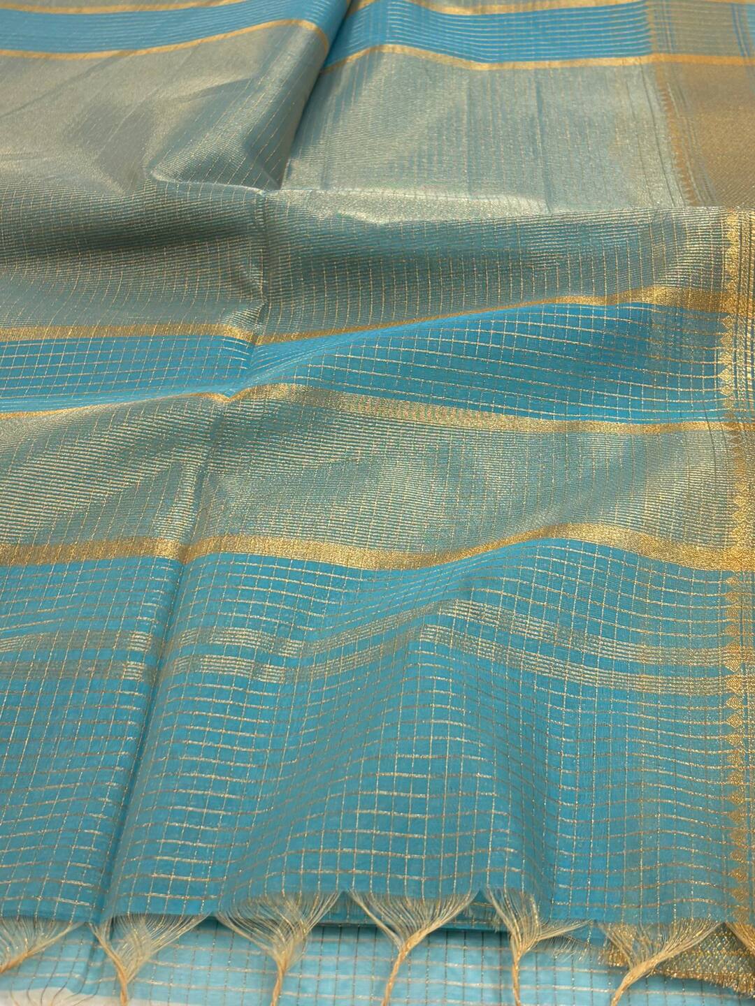 Baby Blue Checked Tissue Cotton Saree