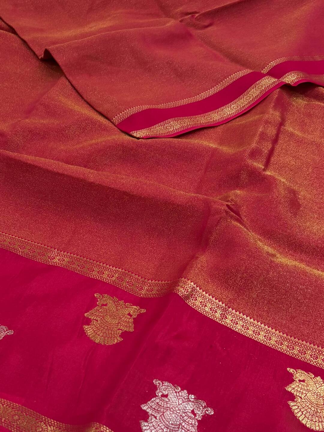 Golden Hot Pink Chiffon Silk Saree
