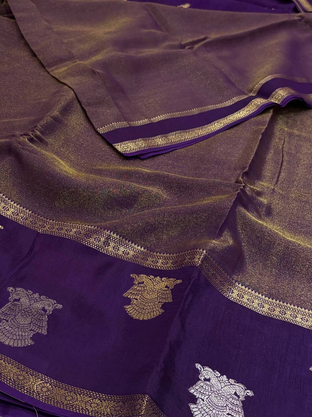 Golden Royal Purple Chiffon Silk Saree