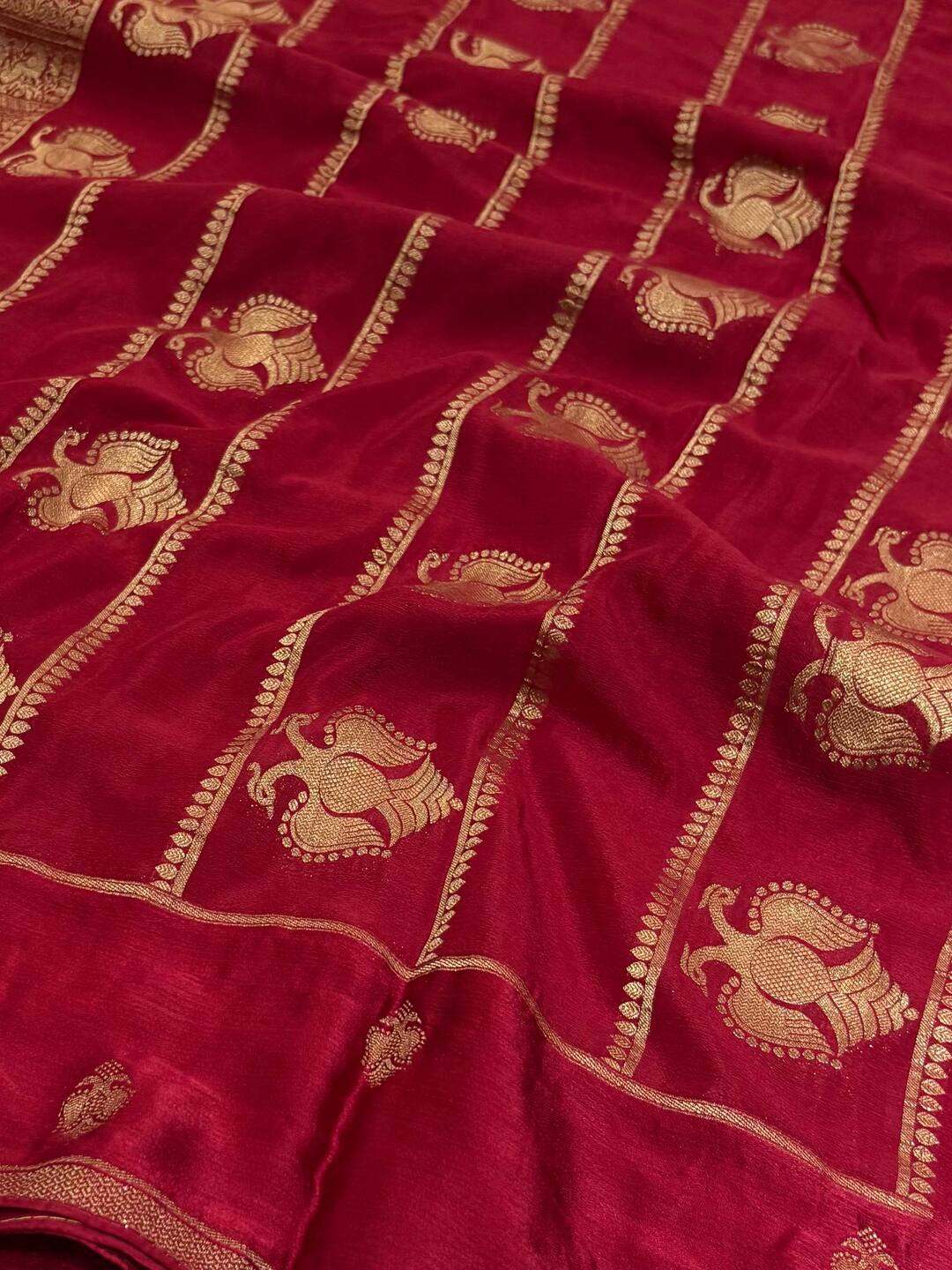 Cherry Red Banaras Satin Silk Saree