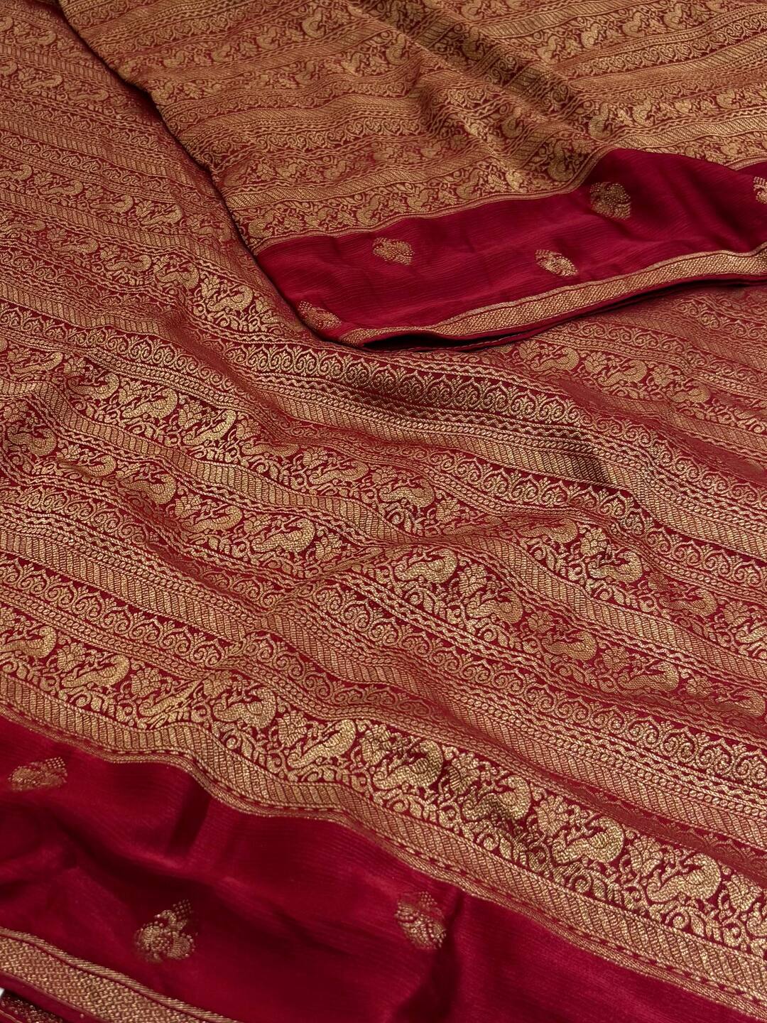 Cherry Red Banaras Satin Silk Saree