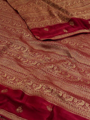 Cherry Red Banaras Satin Silk Saree