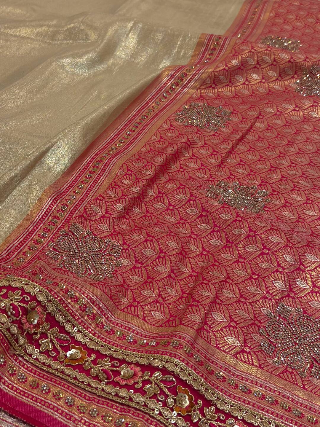 Off White with Pink Banaras Cotton Silk Saree