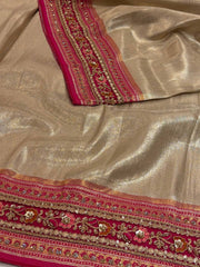 Off White with Pink Banaras Cotton Silk Saree