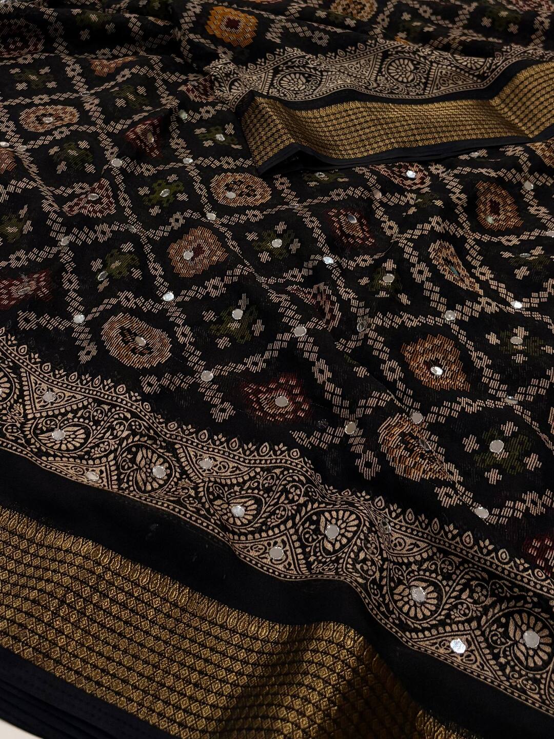 Black Printed Georgette Saree with Mirror Work