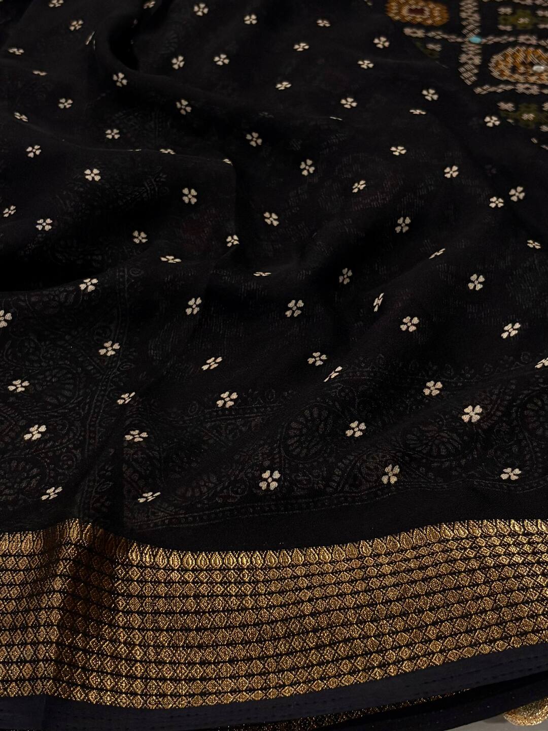 Black Printed Georgette Saree with Mirror Work