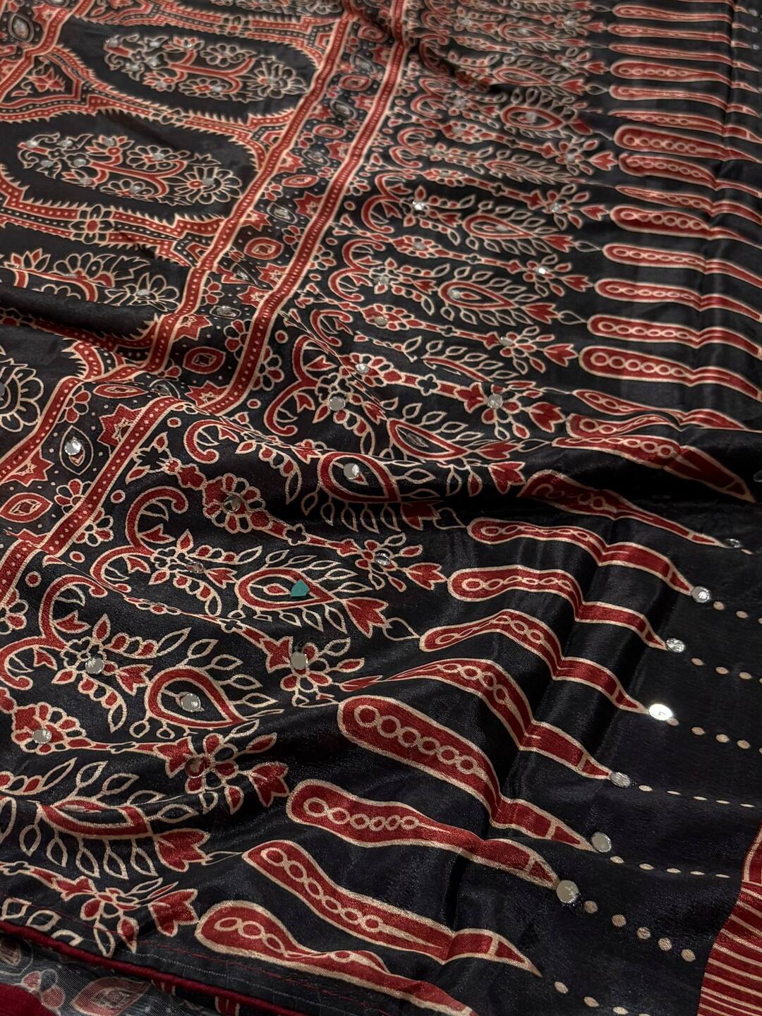 Peach Printed Georgette Saree with Mirror Work