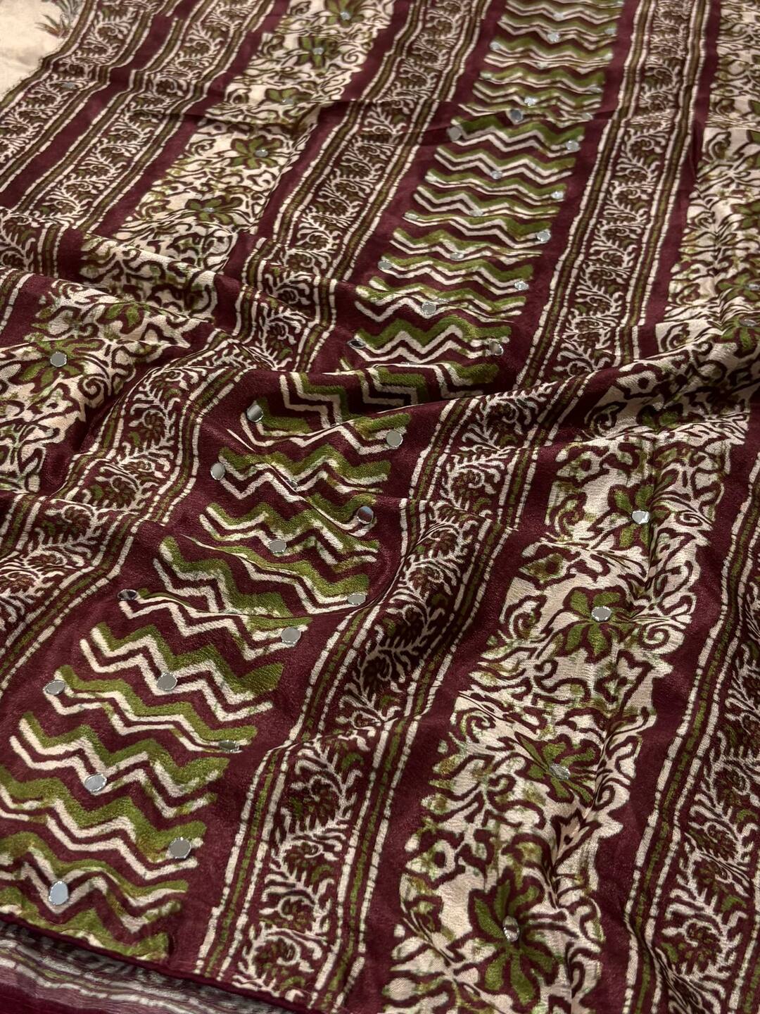 Peach Printed Georgette Saree with Mirror Work