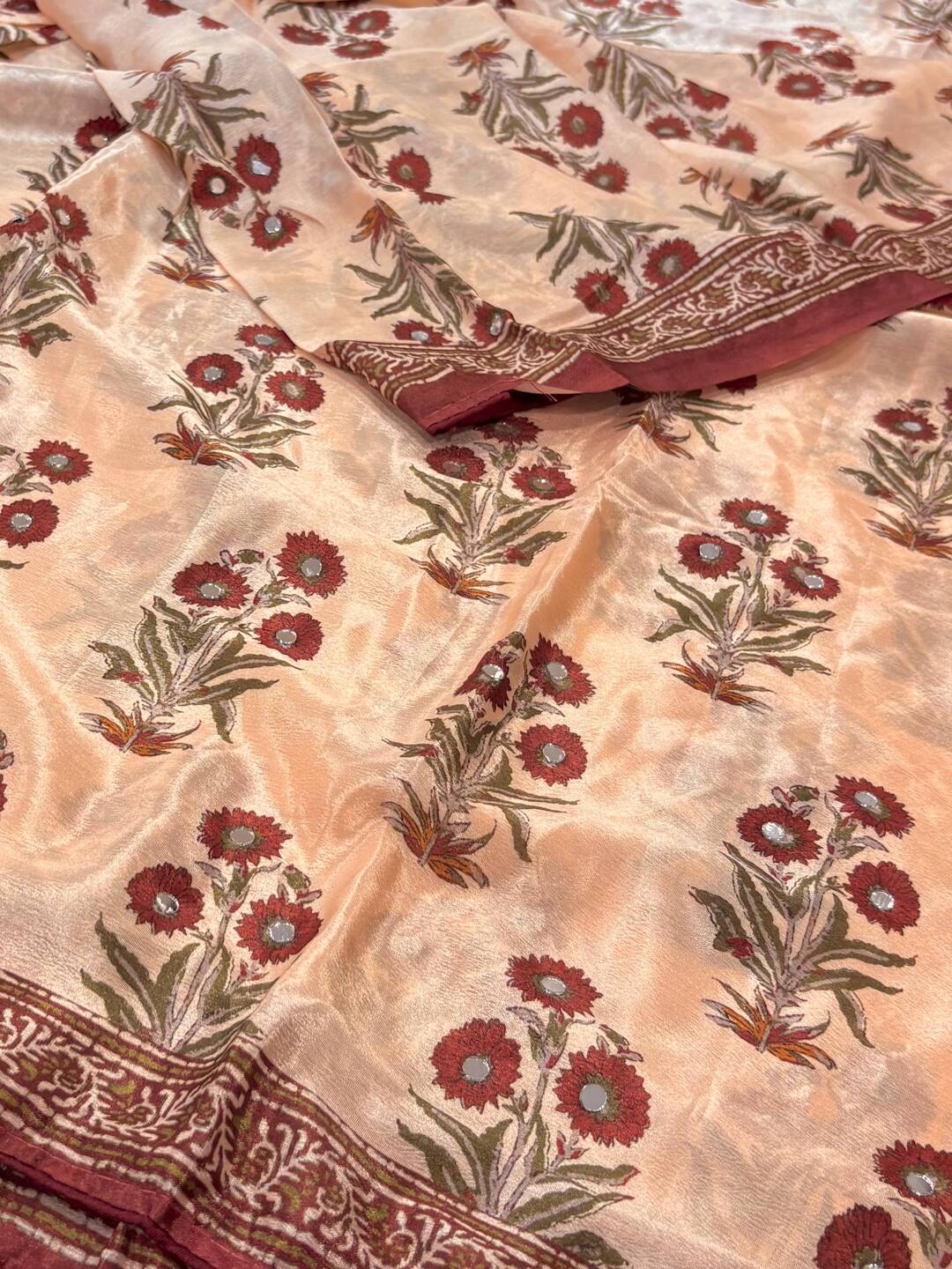 Peach Printed Georgette Saree with Mirror Work