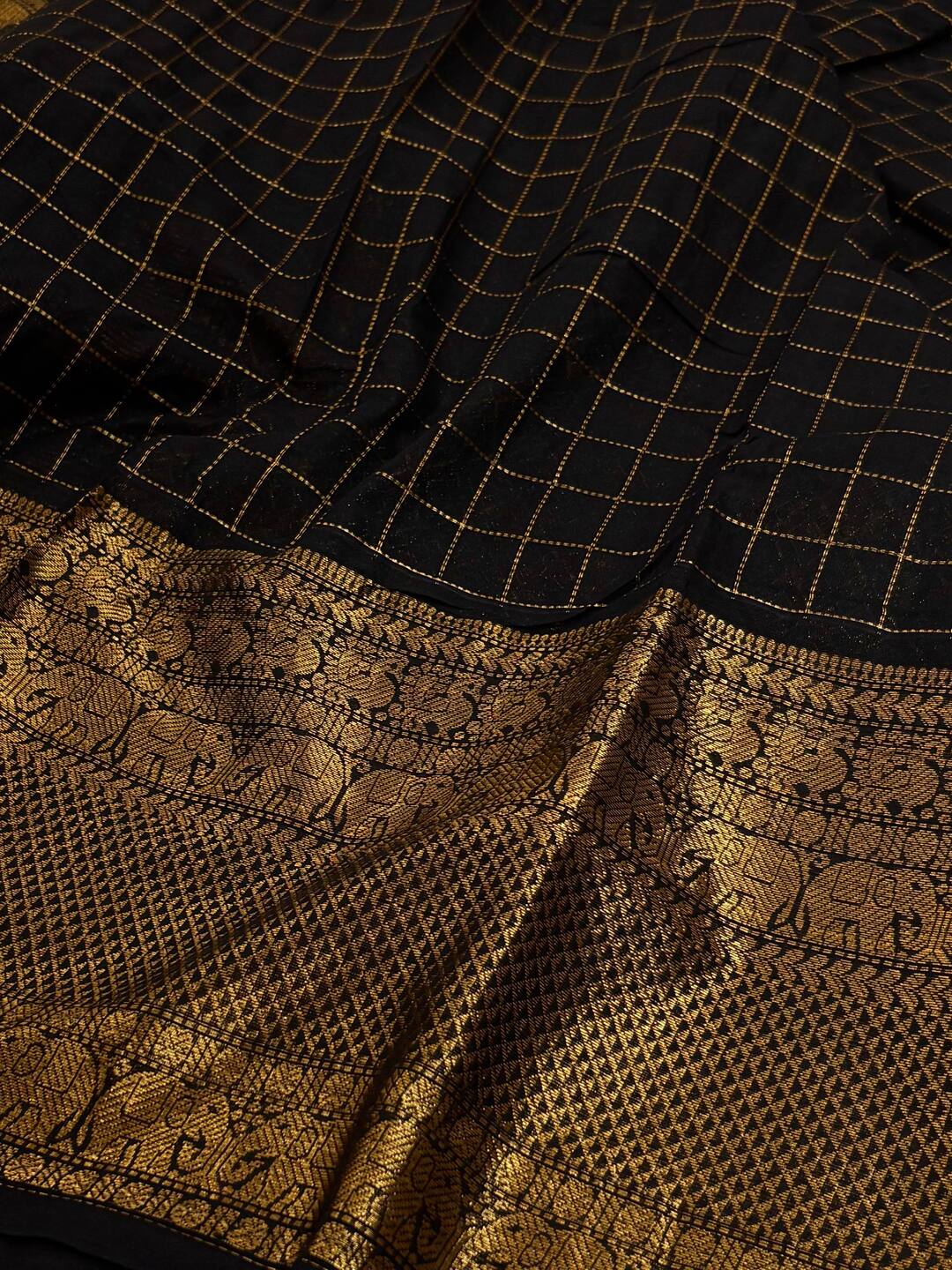 Black Checked Kanchi Cotton Saree