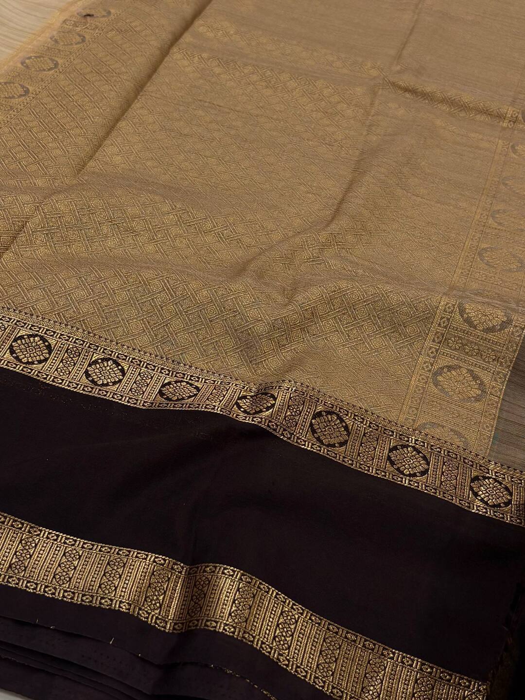 Beige With Black Border Semi Mysore Saree