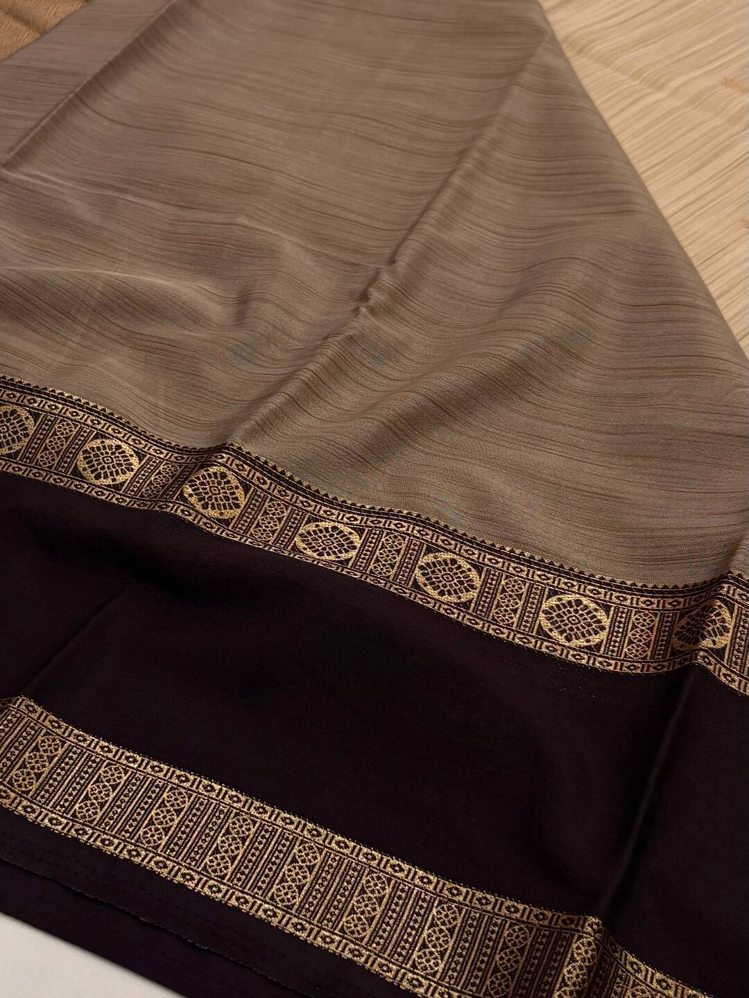 Beige With Black Border Semi Mysore Saree