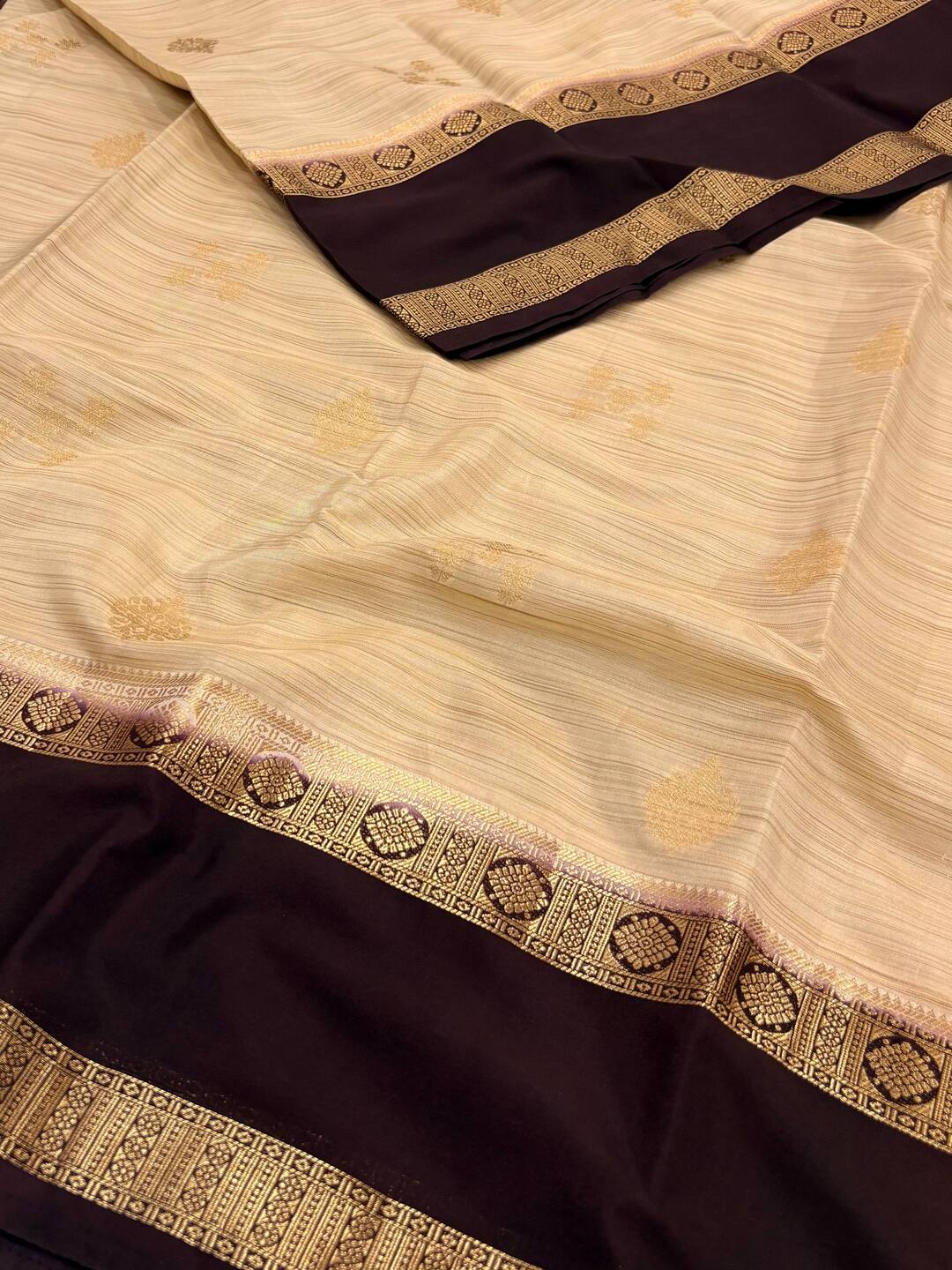 Beige With Black Border Semi Mysore Saree