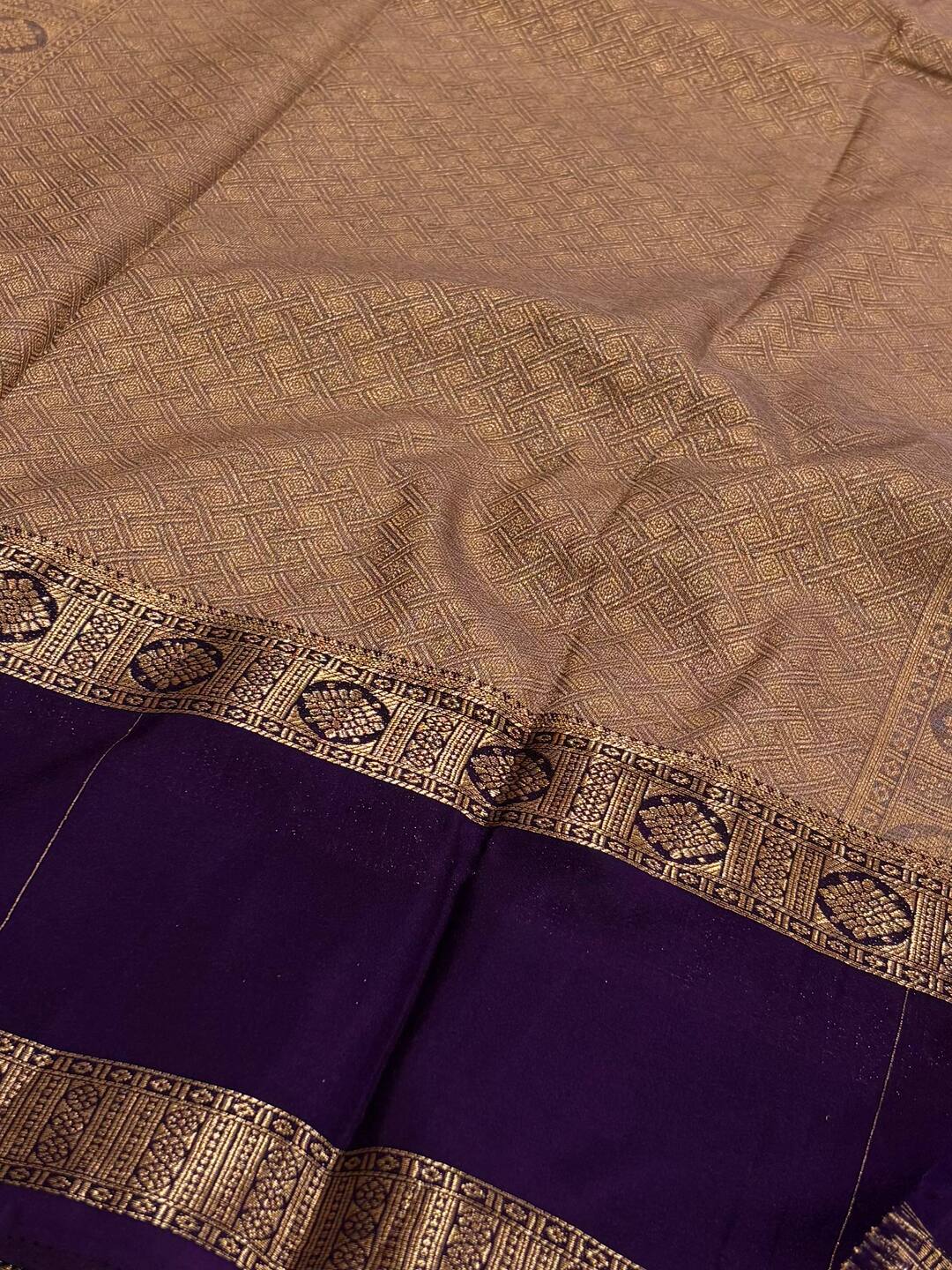 Beige With Royal Purple Border Semi Mysore Saree