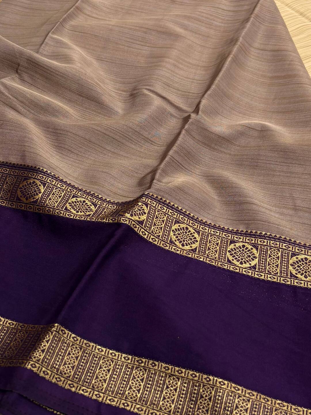 Beige With Royal Purple Border Semi Mysore Saree