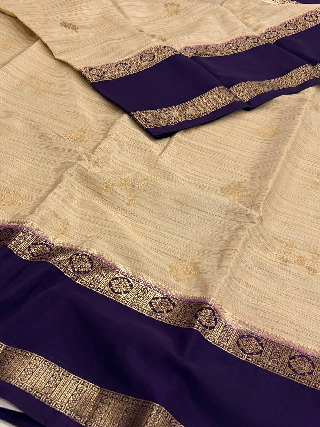 Beige With Royal Purple Border Semi Mysore Saree