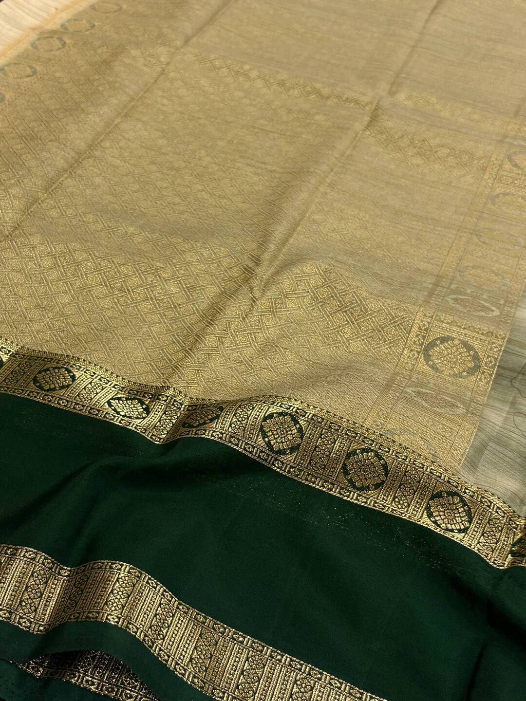 Beige With Emerald Green Border Semi Mysore Saree